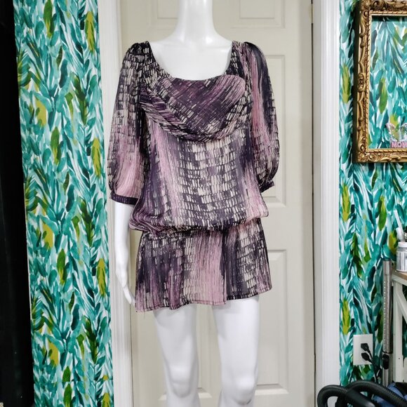 Casting Whimsy Artsey Lagenlook Abstract Silk Cowl Neck Blouson Mini Dress M - Picture 3 of 16